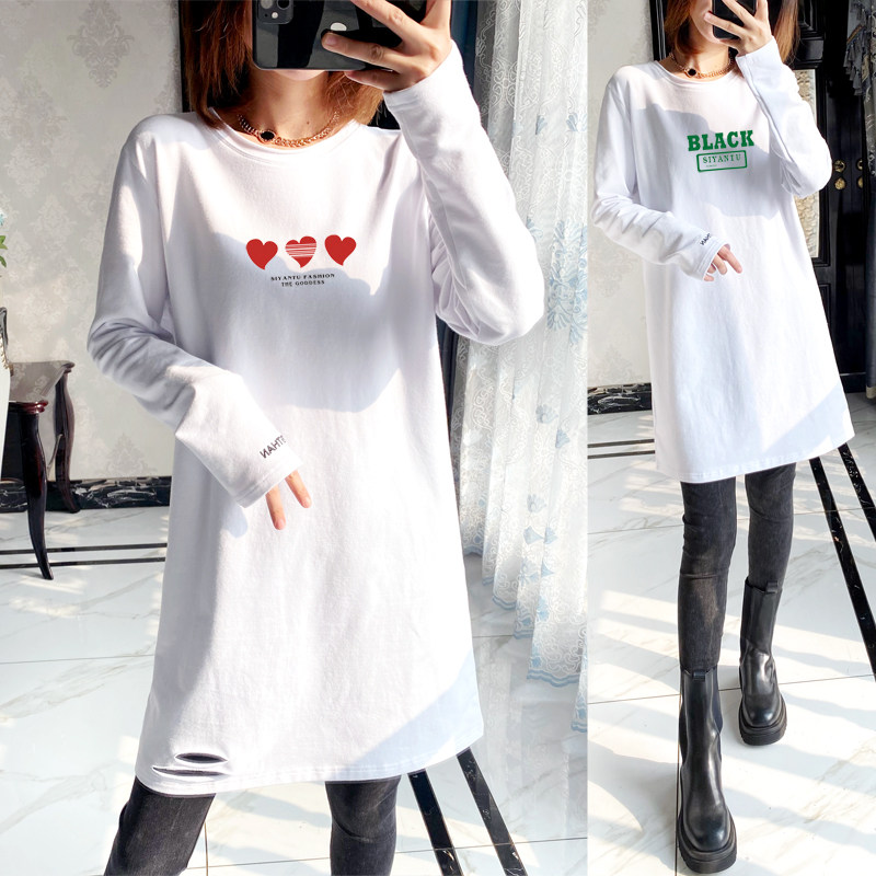 2025秋冬女装圆领破洞加绒T恤百搭加长款内搭打底衫字母爱心韩版t