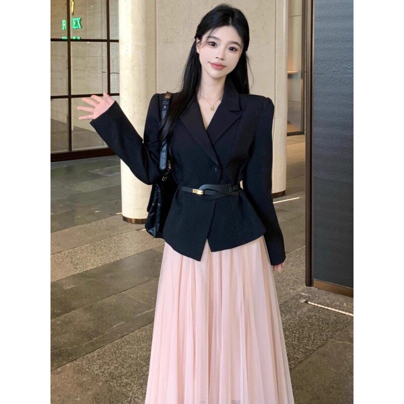 韩系收腰西装外套网纱半身裙套装女2026秋季新款气质感两件套女装