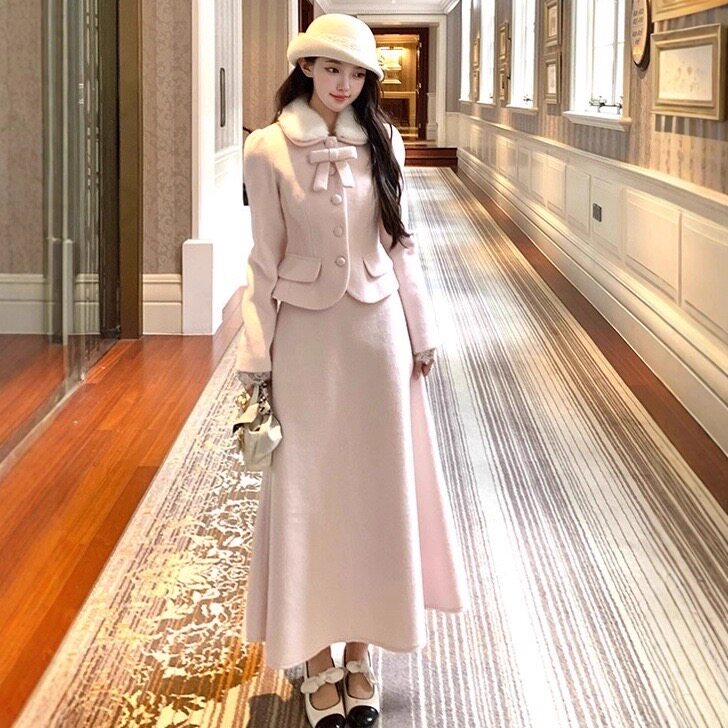 粉色毛呢外套高腰A字半身裙套装女秋法式气质千金风保暖两件套
