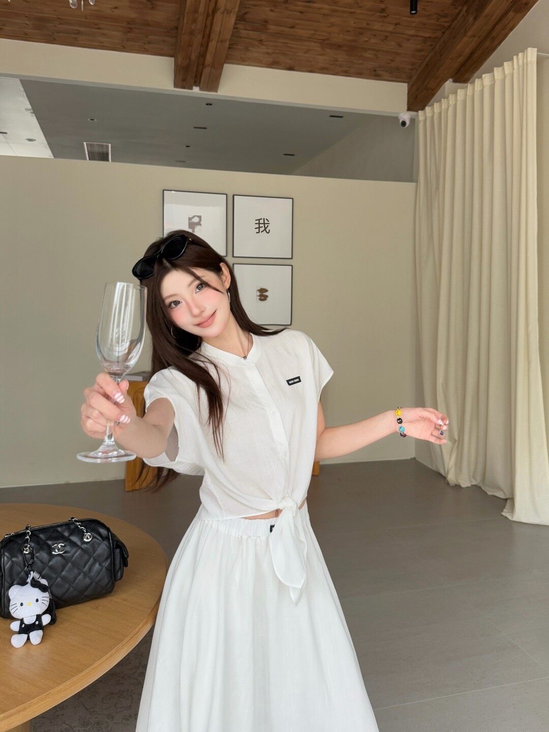 长裙女2026新款精致锁骨链小飞袖系带衬衫半身长裙套装小香风