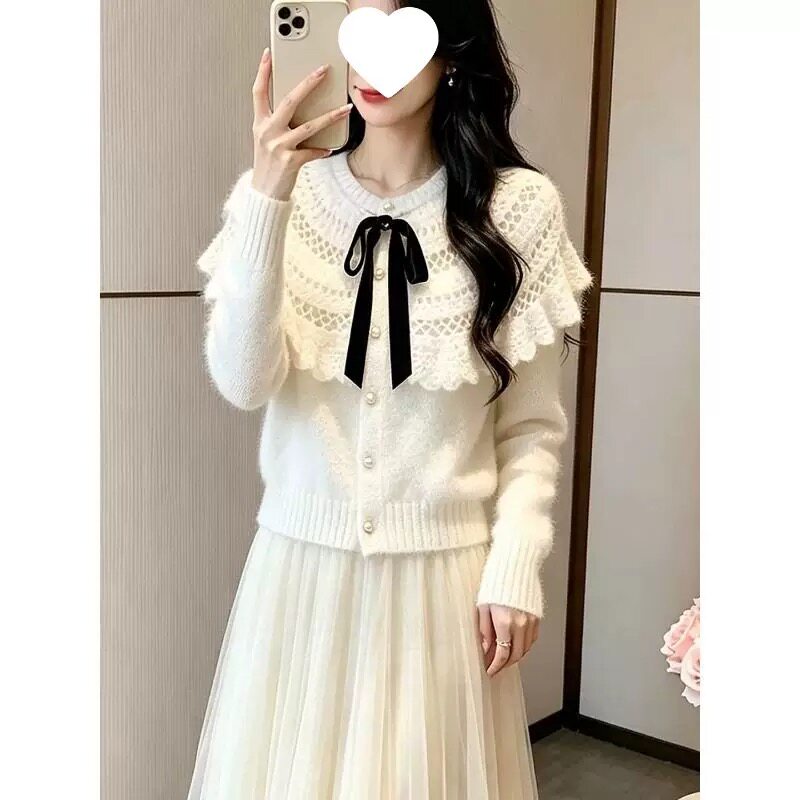 韩版甜美套装2026秋装法式针织开衫蝴蝶结珍珠扣宽松短款毛衣外套