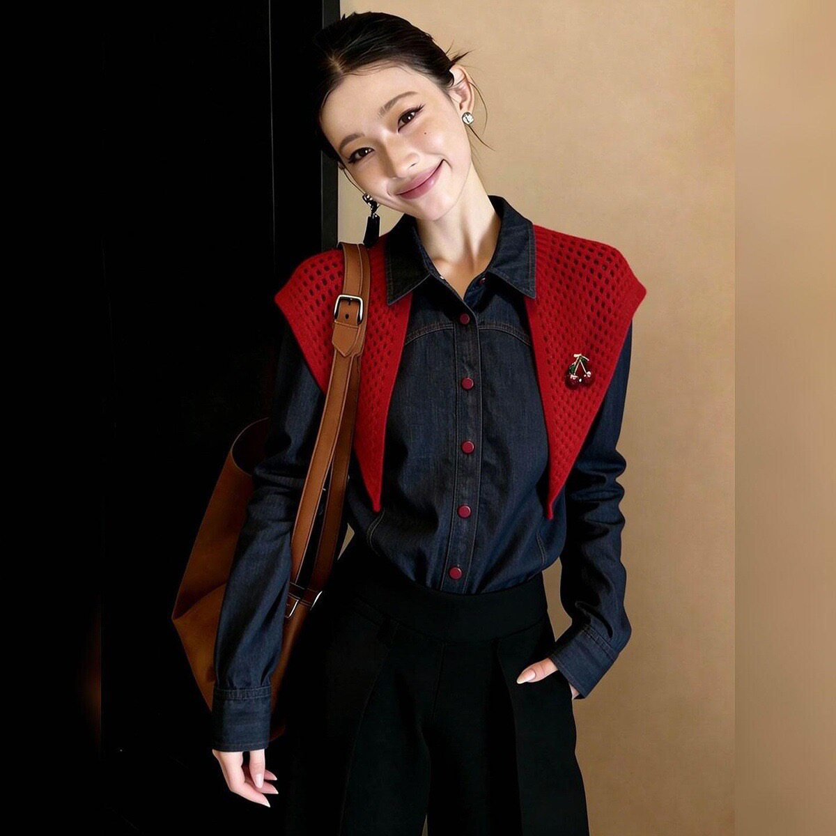 韩版2026早春新款牛仔长袖衬衫女复古设计感显瘦通勤两件套