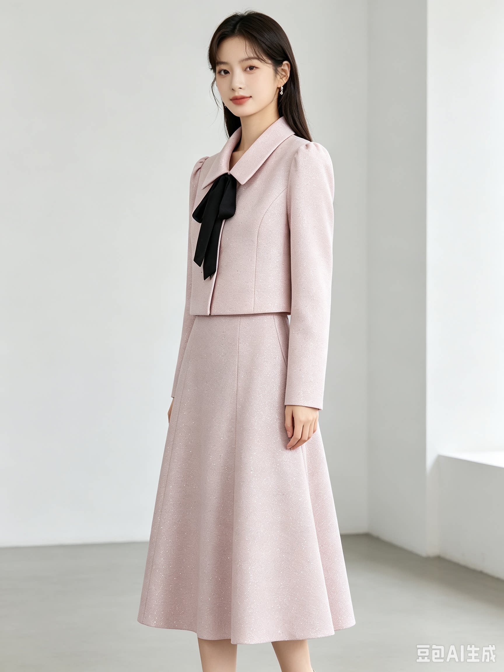 显瘦高腰中长款小香风女装时尚套装粉色短外套 半身裙春秋装
