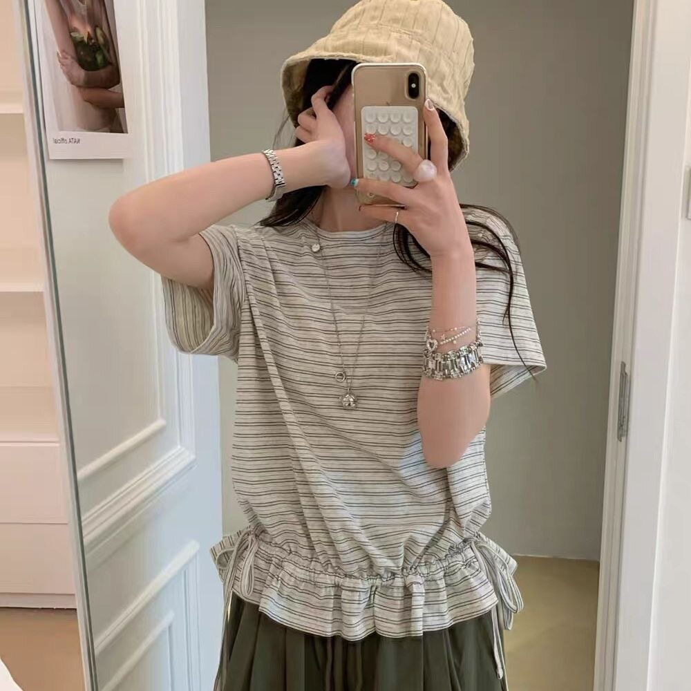 宽松舒适韩系短袖t恤女夏季新款领口小标下摆抽绳条纹上衣
