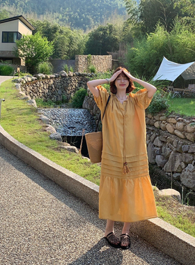 新中式度假气质风【AM  】天丝亚麻气质鱼尾遮胯连衣裙配领口抽绳