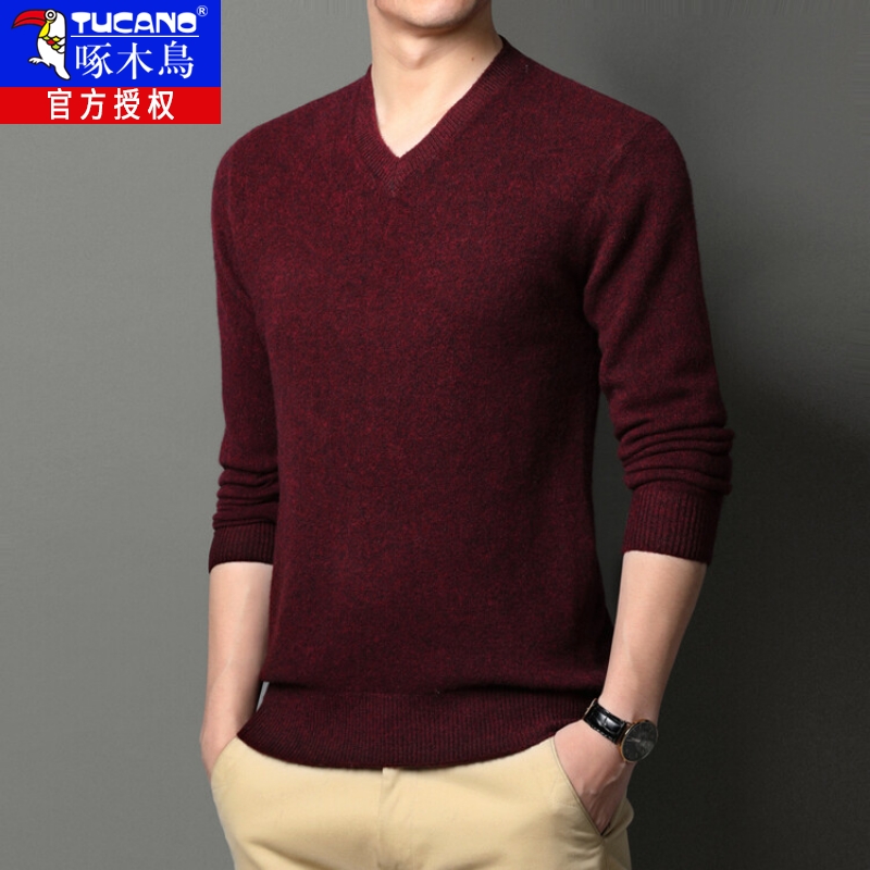 男士秋冬季鸡心领纯羊毛中年V领纯色针织毛衣加厚保暖上衣