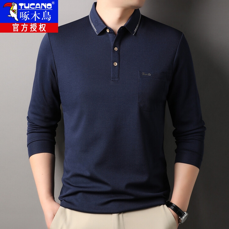 中年男装丝光棉长袖T恤男士有口袋春秋款宽松休闲爸爸带兜POLO衫