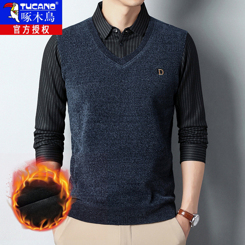 2025冬季爸爸毛衣加绒加厚中年男士假两件针织衫中青年人保暖上衣