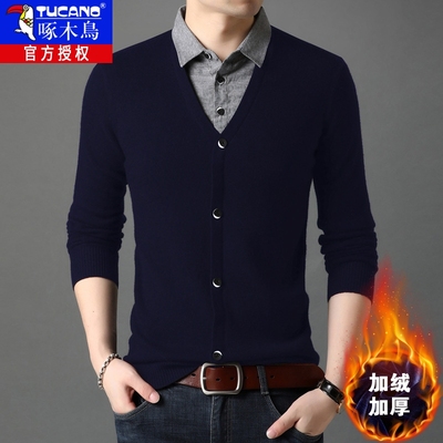 冬季加绒加厚假两件套毛衣男士衬衣领休闲打底针织衫内搭保暖线衣