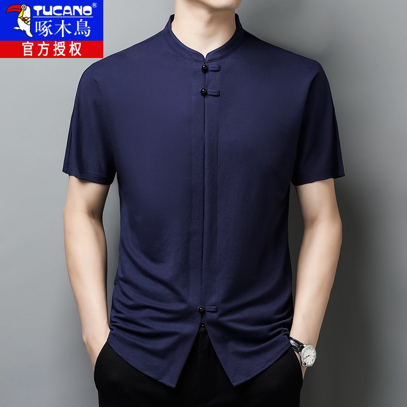 2025新款夏季衬衫男高档无领中国风衬衣爸爸唐装薄款半袖盘扣上衣