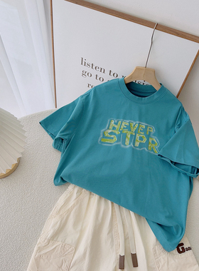 布芮欧童装2024夏款男女儿童韩版字母印花短袖T恤宽松版上衣16083