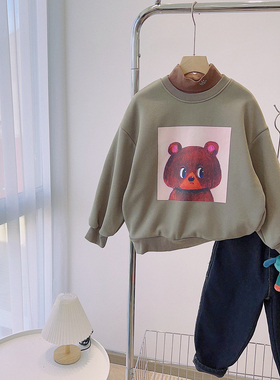 牛哆哆2022冬季新款男女儿童韩版文艺范小熊印花一体绒卫衣62376