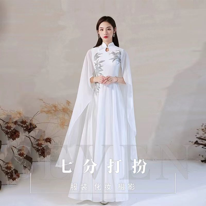租定制款古筝新中式礼服裙古典白色长裙舞台表演艺考民乐演奏服