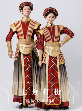 租打鼓服群舞演出服大气开场舞56个民族服装租赁国风喜庆表演服