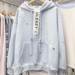 正版实拍图！韩代款春新海洋刺绣钉珠高端设计师款宽松连帽卫衣女