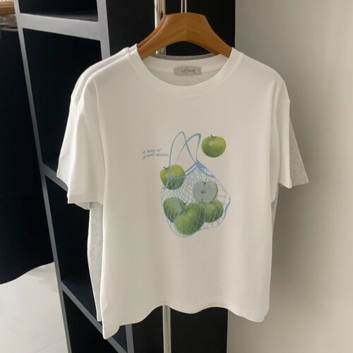 实拍韩代款清新青苹果印花白色短袖T恤女2026夏慵懒宽松半袖上衣