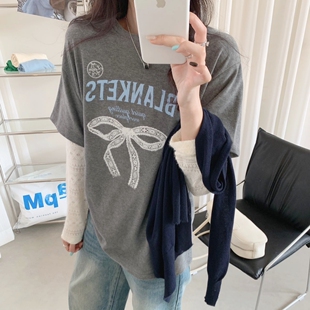 韩代款『 镂空蝴蝶结 』26早春韩系ins蝴蝶结假两件长袖t恤女纯棉