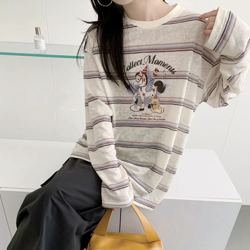 现货韩代款夏小马印花长袖T恤女宽松百搭防晒薄款亮闪闪条纹上衣