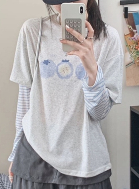 韩代款东大门夏季雪花棉条纹长袖假两件水果印花度假风防晒t恤女
