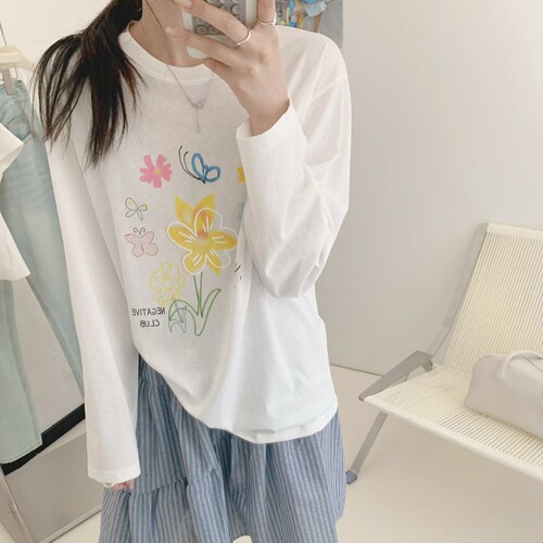 韩系凉感雪花棉防晒罩衫女减龄彩绘花朵圆领宽松长袖空调衫T恤夏