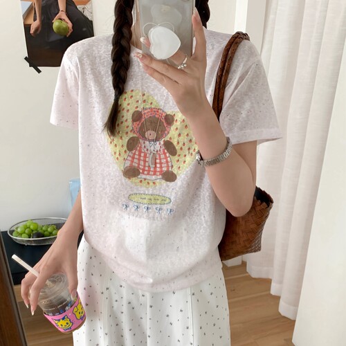 现货实拍韩代款东大门26夏新款土司包装爱心熊彩点雪花棉短袖t恤