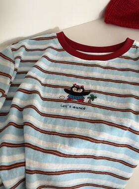 小企鹅八@奶韩国女装东大门订单洋气百搭圆领卡通刺绣条纹短袖T恤