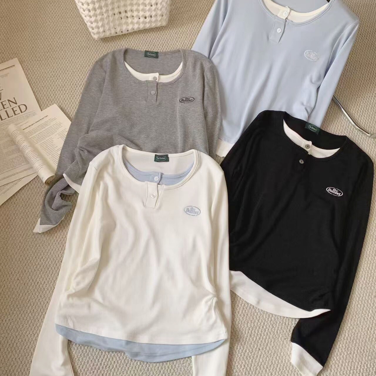 现货实拍！韩代款春薄款八@乃假两件弹力棉显瘦撞色打底衫长袖T恤