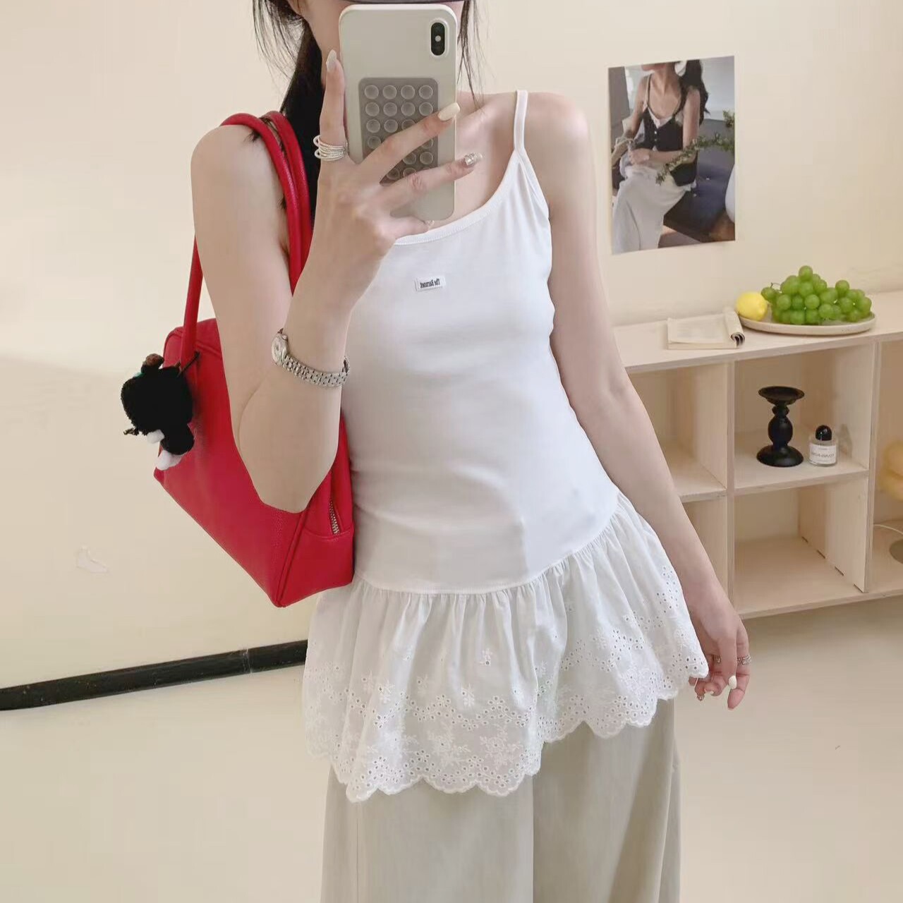 韩代款八@乃白色吊带背心女夏季蕾丝花边下摆修身叠穿内搭小上衣