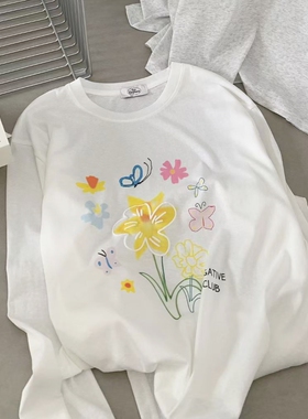 韩系凉感雪花棉防晒罩衫女减龄彩绘花朵圆领宽松长袖空调衫T恤夏