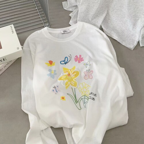 韩系凉感雪花棉防晒罩衫女减龄彩绘花朵圆领宽松长袖空调衫T恤夏