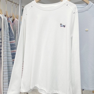 现货实拍！韩代款春季新正肩设计感小刺绣简约棉质长袖白T打底衫