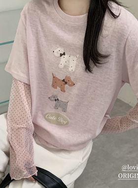 韩代款东大门春夏薄甜美蝴蝶结小狗宽松波点袖麻感棉假两件t恤女