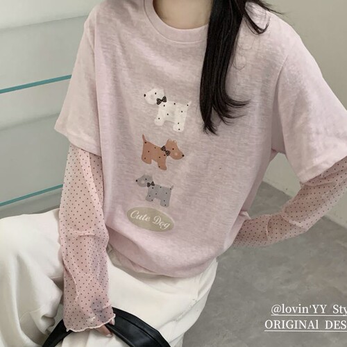 韩代款东大门春夏薄甜美蝴蝶结小狗宽松波点袖麻感棉假两件t恤女