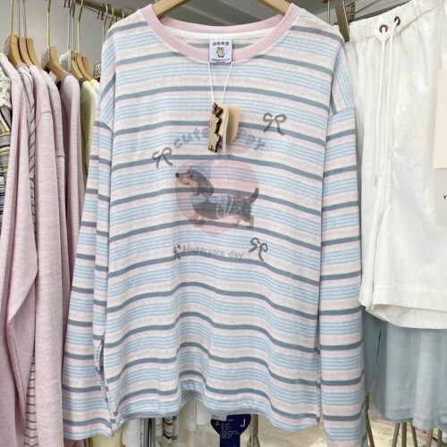 正版实拍！韩代款春薄款竹节麻感棉梦幻甜美条纹减龄卡通T恤长袖