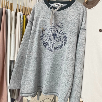 韩代款东大门正版加绒加厚磨毛冬季刺绣卡通过臀大版宽松圆领T恤