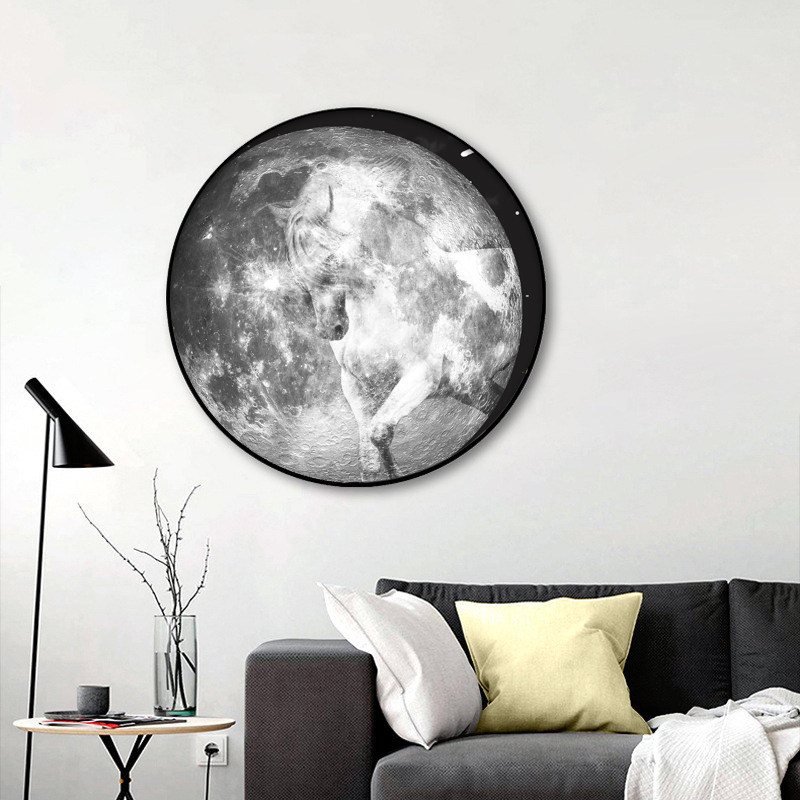 星月白马立体视觉玄关丝巾画圆形黑白油画美式现代装饰壁画小众in