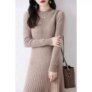 秋冬女半高领羊毛针织连衣裙2023中长款毛衣裙收腰显瘦羊绒打底裙