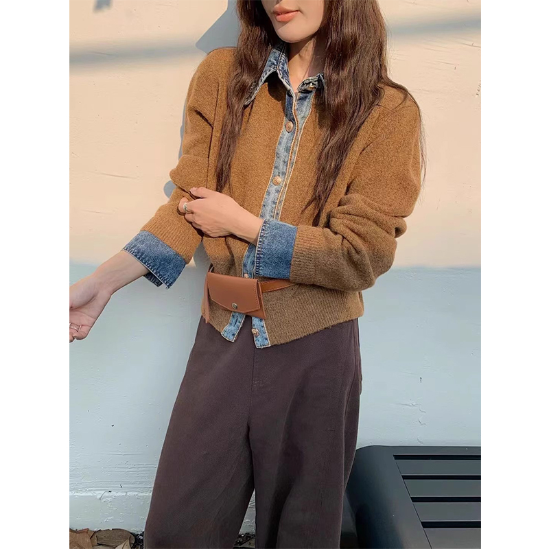 毛针织衫女秋季韩系chic高级感慵懒风时尚牛仔拼接显瘦开襟衫上衣
