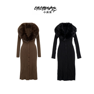 (小溪家)可拆卸毛毛领坑条加厚磨毛针织连衣裙修身气质秋冬裙子