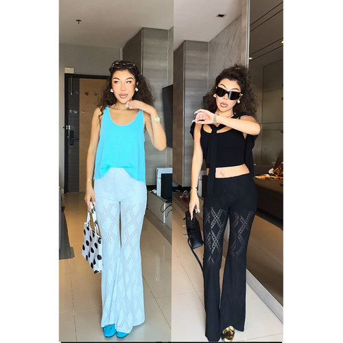小溪家 菱形格镂空蕾丝微喇叭裤高腰显瘦欧美风辣妹修身气质裤子