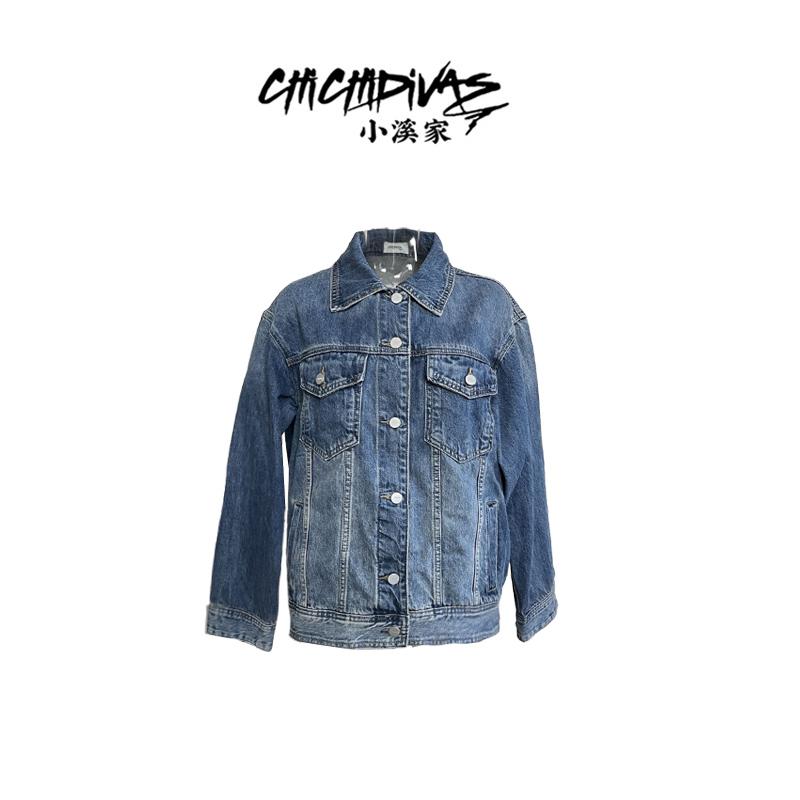 {小溪家}早秋春美式牛仔外套水洗蓝复古简约ins风设计感外套上衣