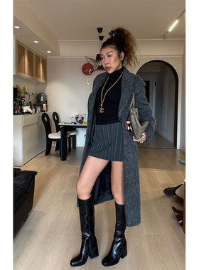 (小溪家）条纹西装短裙裤中高腰半裙设计感侧边开叉a字包臀裙裤