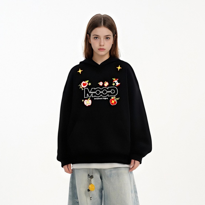 SRME标语MOOD万针刺绣撞色苹果logo休闲宽松套头上衣外套帽衫卫衣