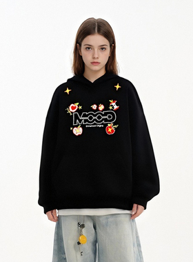 SRME标语MOOD万针刺绣撞色苹果logo休闲宽松套头上衣外套帽衫卫衣