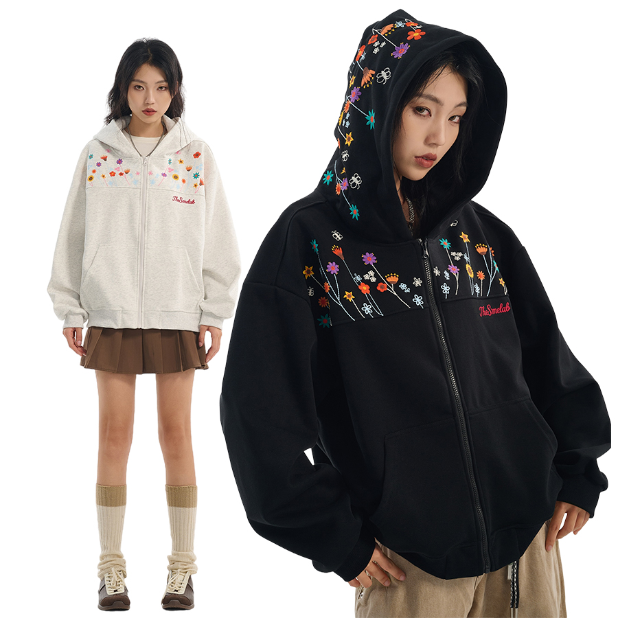 SRME漫天花卉刺绣绣花休闲宽松套头上衣拉链外套帽衫卫衣