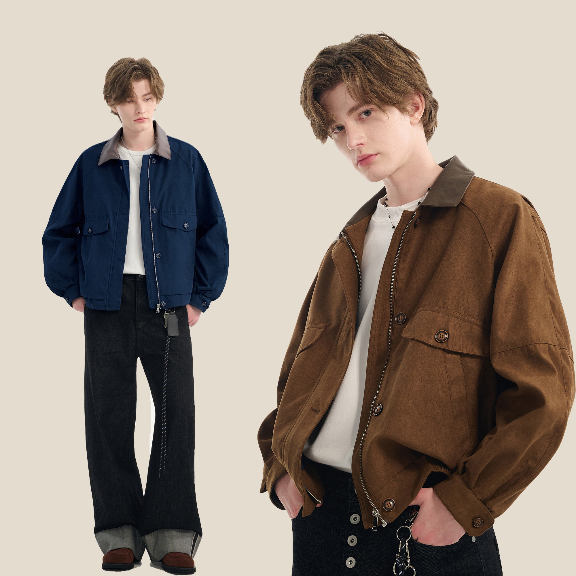 SRME老钱风感拼接撞色pu皮领口撞色翻领工装解构潮流简约外套夹克