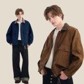 SRME老钱风感拼接撞色pu皮领口撞色翻领工装 解构潮流简约外套夹克