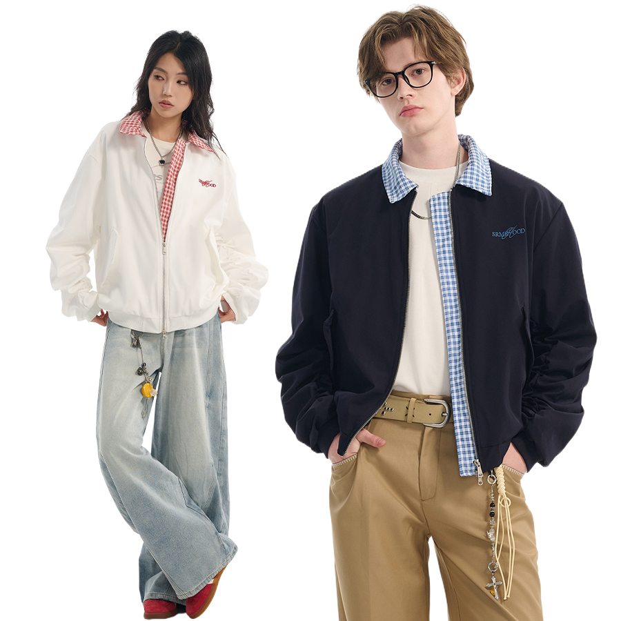 SRME老钱风格纹拼接百搭设计感撞色翻领时尚潮流流行宽松外套夹克