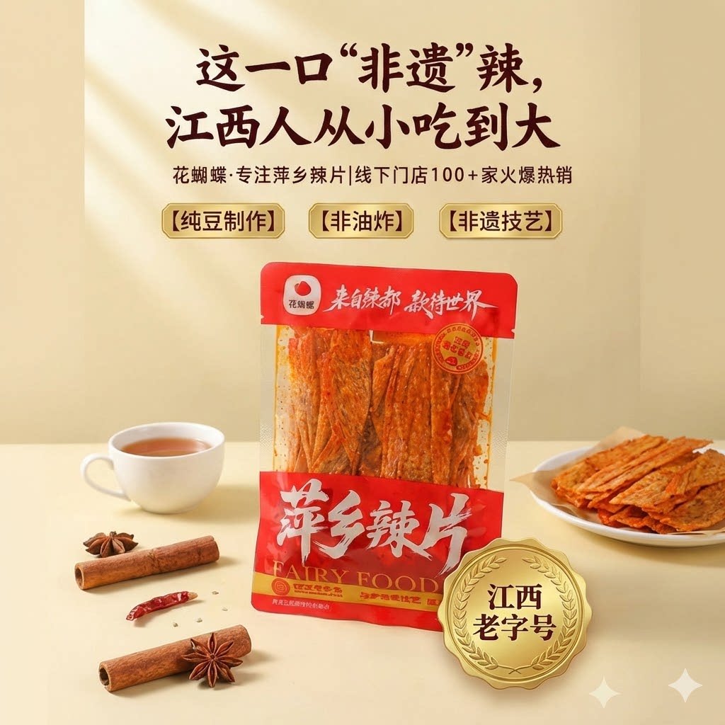花蝴蝶萍乡辣片豆皮辣条豆干五香麻辣解馋巨好吃的小零食思乡记忆