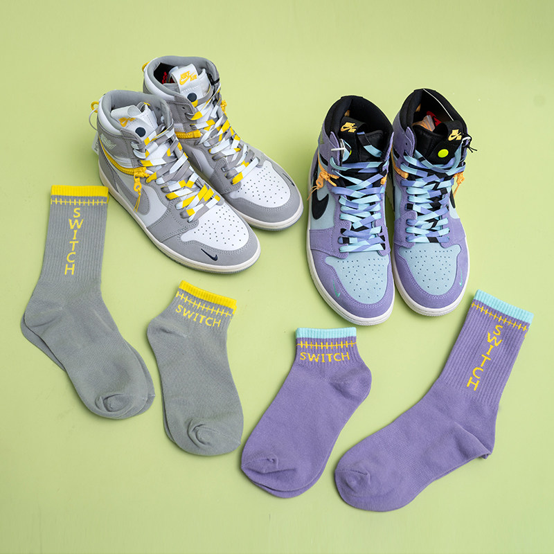 aj1拉链烟灰 紫罗兰switch 高低帮搭配鞋带袜子 时尚三色拼接设计